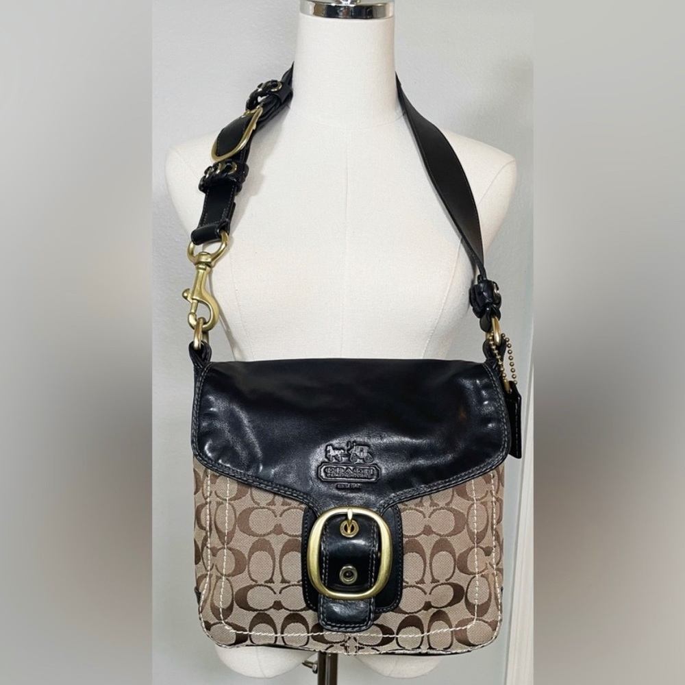 Coach Bleecker Black Leather Tan Canvas Signature Flap Buckle Shoulder Bag 11434